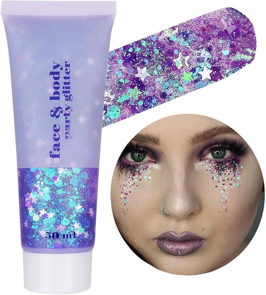 Go Ho Mermaid Purple Face Body Glitter Gel,Holographic Purple Hair Glitter,Mardi Gras Outfit for ... | Amazon (US)
