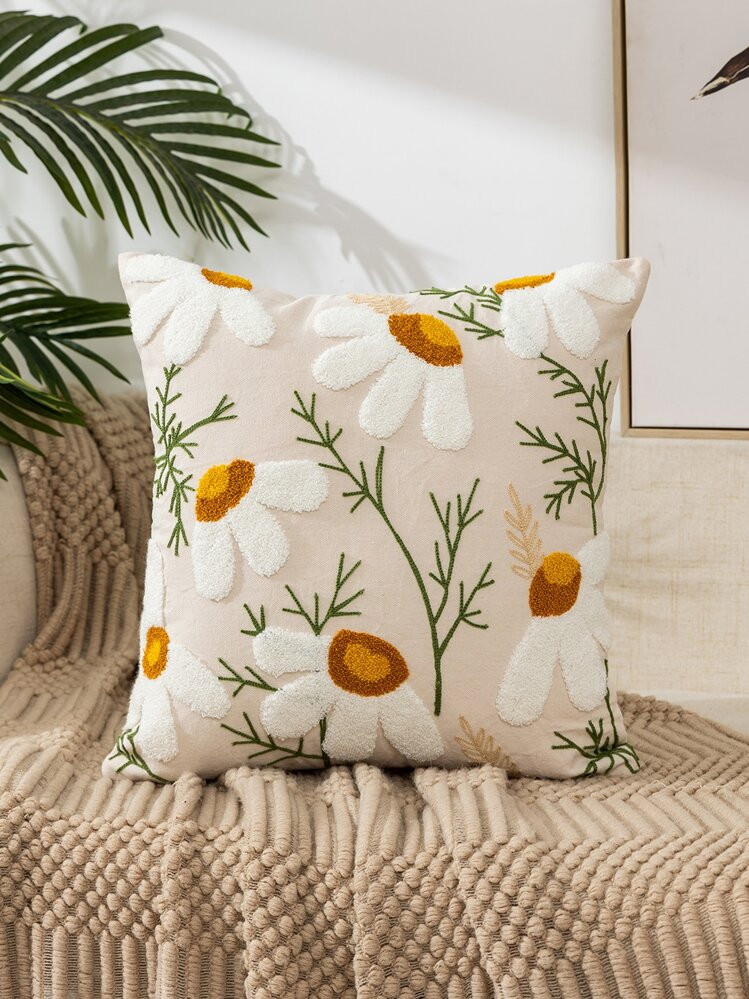 1pc Flower Embroidered Decorative Throw Pillow Case, Fiber Cushion Cover For Living Room, Home De... | SHEIN