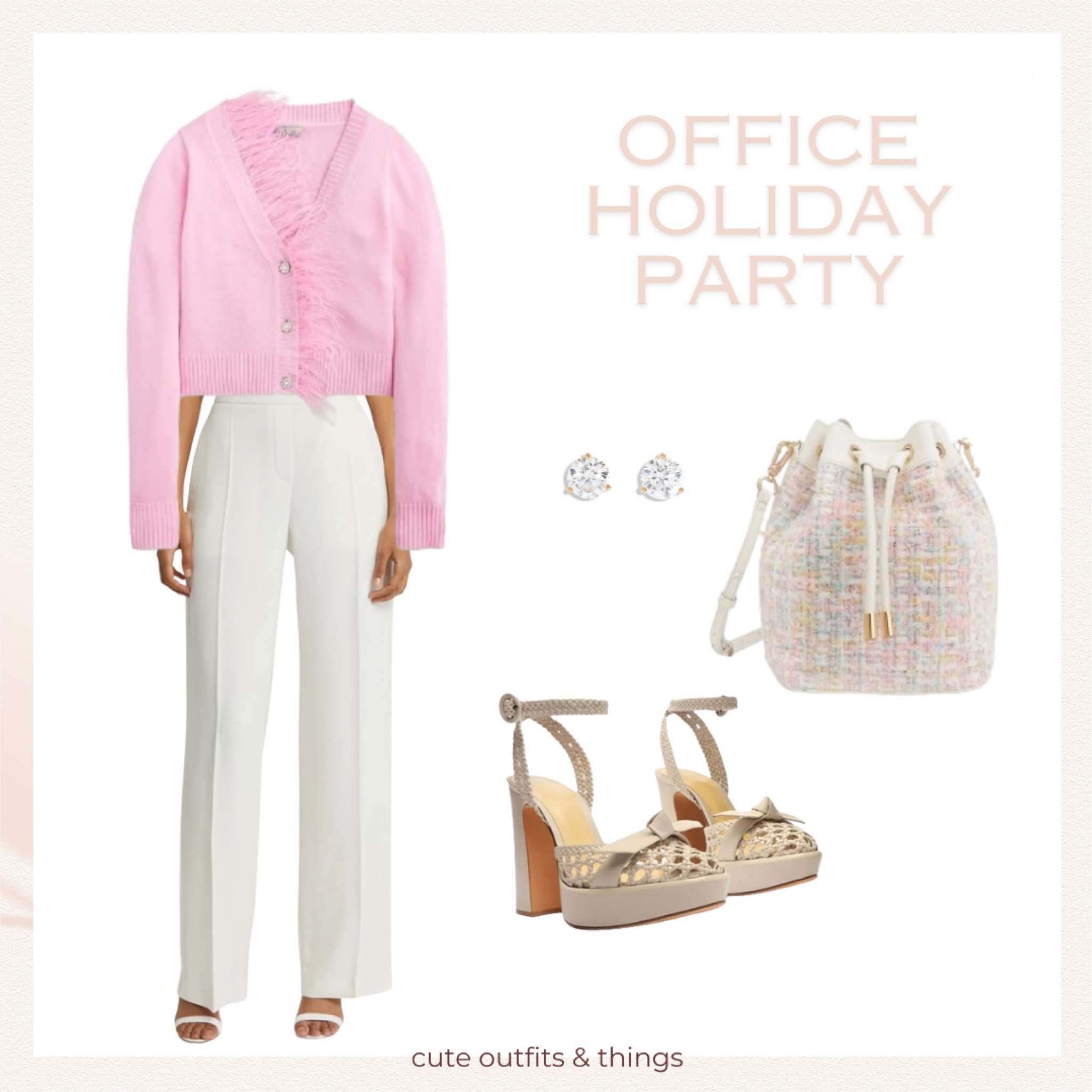 Perfect for a Office Holiday Party! 
Pink cardigan. Bucket bag. Platform heels with bows. Stud earring. White trousers  

#LTKCyberWeek #LTKHoliday #LTKworkwear