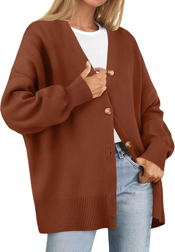 ZESICA Women's 2023 Casual Long Sleeve Cardigan V Neck Button Down Open Front Knit Loose Oversize... | Amazon (US)