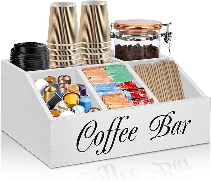ugiftt Coffee Station Organizer for Counter, Wood Coffee Pods Holder Storage Basket, Coffee and T... | Amazon (US)