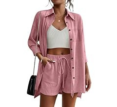 Beyove Women's Cotton Linen Set Casual Tracksuit Button Down 3/4 Sleeve Shirt Drawstring Shorts P... | Amazon (US)