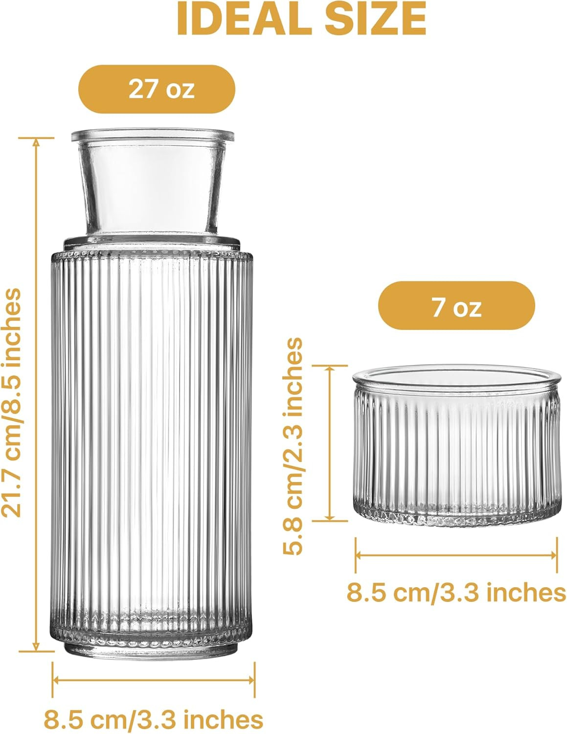 Bedside Water Carafe and Glass Set, Classic Vertical-Striped 27oz Glass Carafe with 7.1oz Tumbler... | Amazon (US)