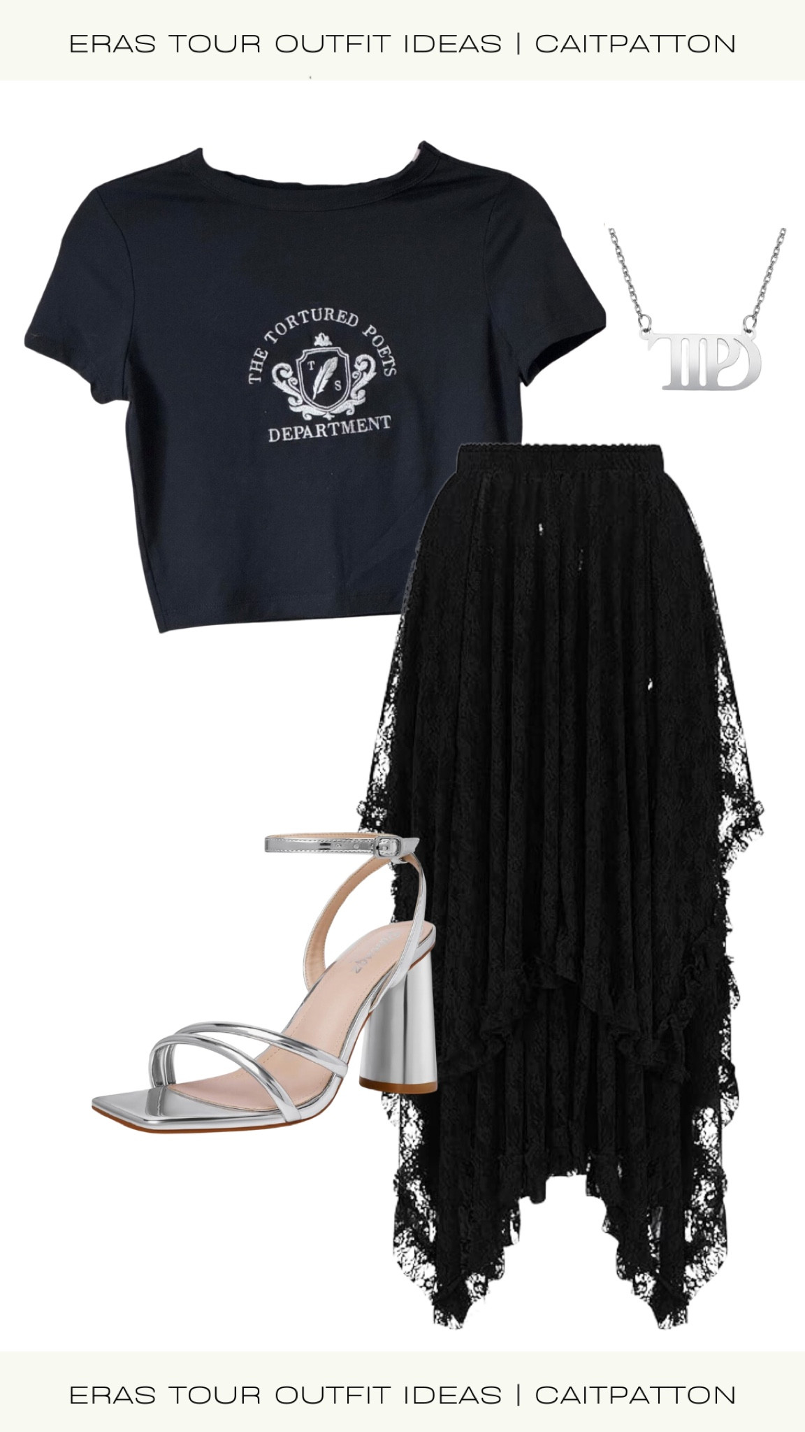 Tortured poets department outfit idea, tortured poets department outfit, tortured poets department outfits, tortured poets department era, TTPD outfits, TTPD outfit idea, TTPD outfit, TTPD era, eras tour outfit idea, eras tour outfit ideas, Taylor swift eras tour, Taylor swift concert, tortured poets department tee, TTPD tee, lace skirt, lace slip skirt,  black lace skirt, silver heels, metallic heels; TTPD necklace,
Tortured poets department necklace 

#LTKShoeCrush #LTKParties #LTKStyleTip
