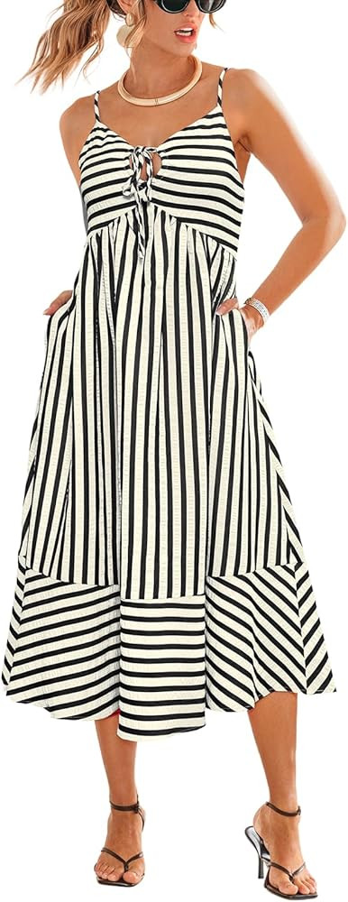 CUPSHE Women's Summer Dresses Striped V Neck Spaghetti Strap Sleeveless Tie Front Cutout Beach Ma... | Amazon (US)