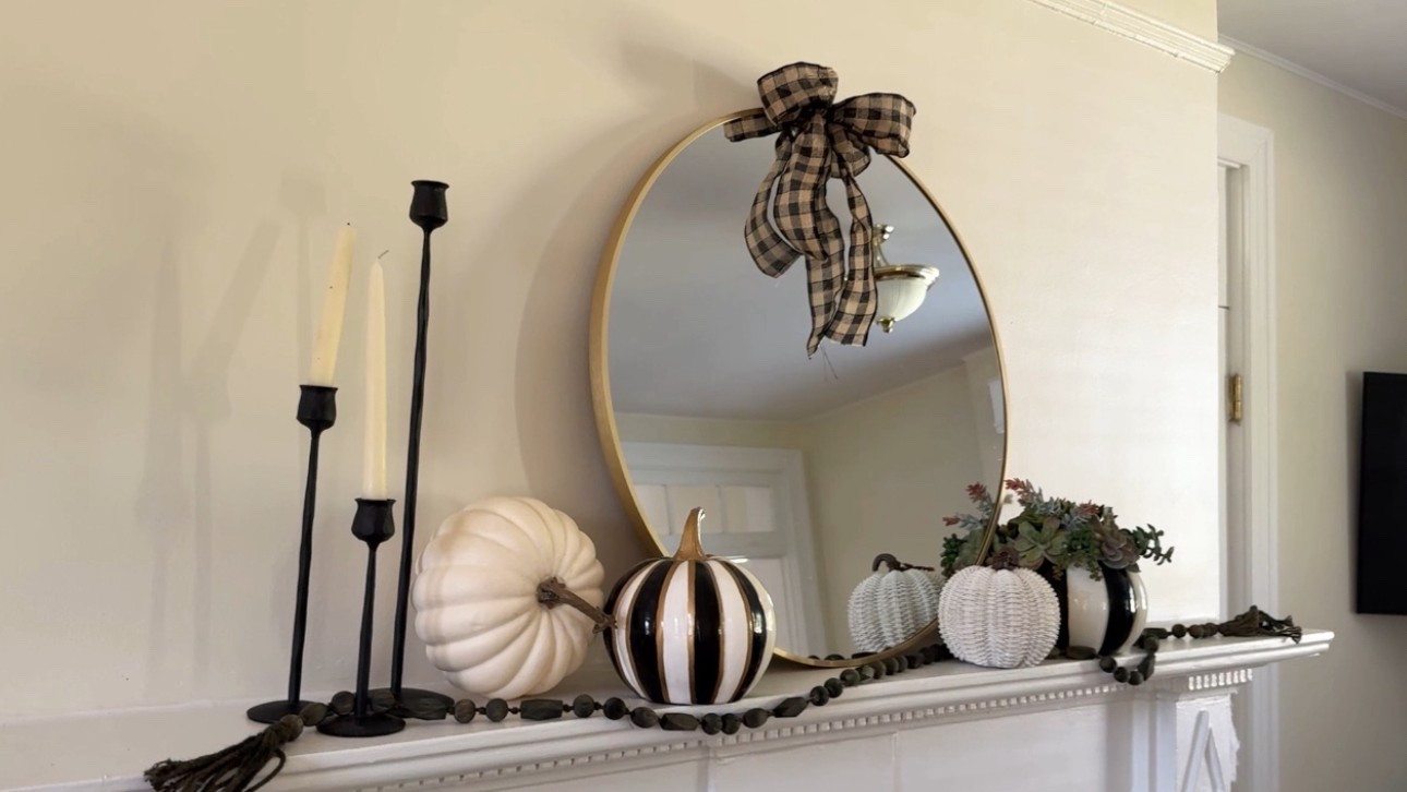 Black, white, pumpkins, candles, repeat. 🕯️🎃🖤🤍 My Mackenzie Childs inspired mantle might be my favorite one yet. Who else loves a cozy fall mantle?

The best part is I shopped my house for this look and only used things I already had. Three black candlestick holders (Kirklands), a gold mirror for coziness, my two @mackenziechilds pumpkins and a few neutral pumpkins pulled it all together. 

The mix of textures (hello wood beads & burlap bow!) keeps it cozy while still giving that classic fall mantle vibe.

If you’re decorating this year, don’t overthink it. Start with a few staples you can reuse every season. A few glass pumpkins, and timeless black + white accents go a long way. 🍂


#LTKSeasonal #LTKHome #LTKStyleTip