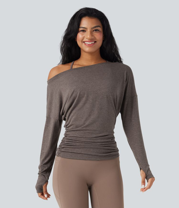Women’s One Shoulder Long Sleeve Thumb Hole Ruched Yoga Sports Top - Halara | HALARA