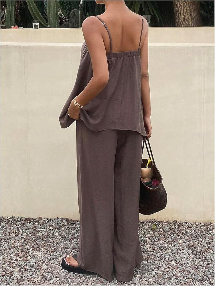 Verdusa Women's 2 Piece Linen Sets Flowy Cami Tops with Wide Leg Pants Boho Vacation Outfits | Amazon (US)
