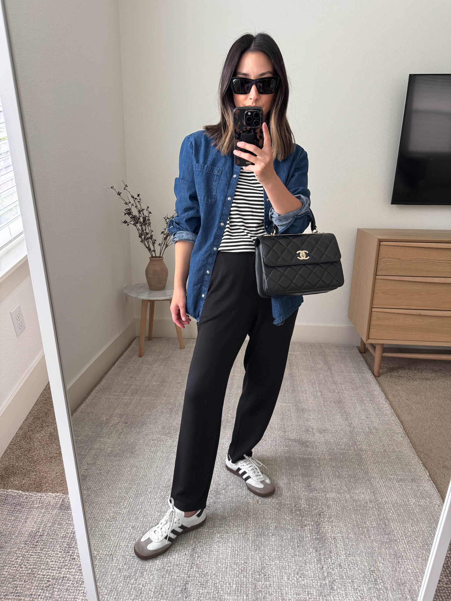 Fall capsule wardrobe outfit ideas. Casual outfits. 

Sezane shirt size 6
Everlane tee medium
Eileen Fisher pants petite xxs
Adidas Samba 4.5 men’s 
Chanel trendy cc small 
YSL sunglasses 

#LTKSeasonal #LTKshoecrush #LTKitbag