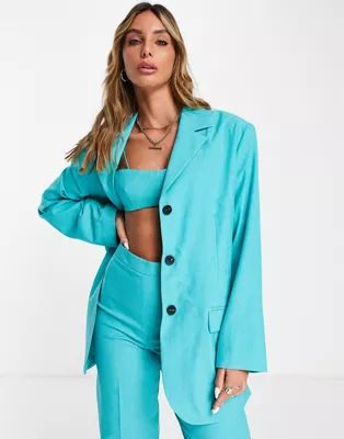 Topshop oversized single breasted blazer in turquoise | ASOS (Global)