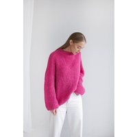 Pink Oversized Sweater, Cerise Red Knitted Jumper, Rose Cable Knit Alpaca Wool Pullover, Magenta Chunky Women Jersey, Gift For Her | Etsy (US)