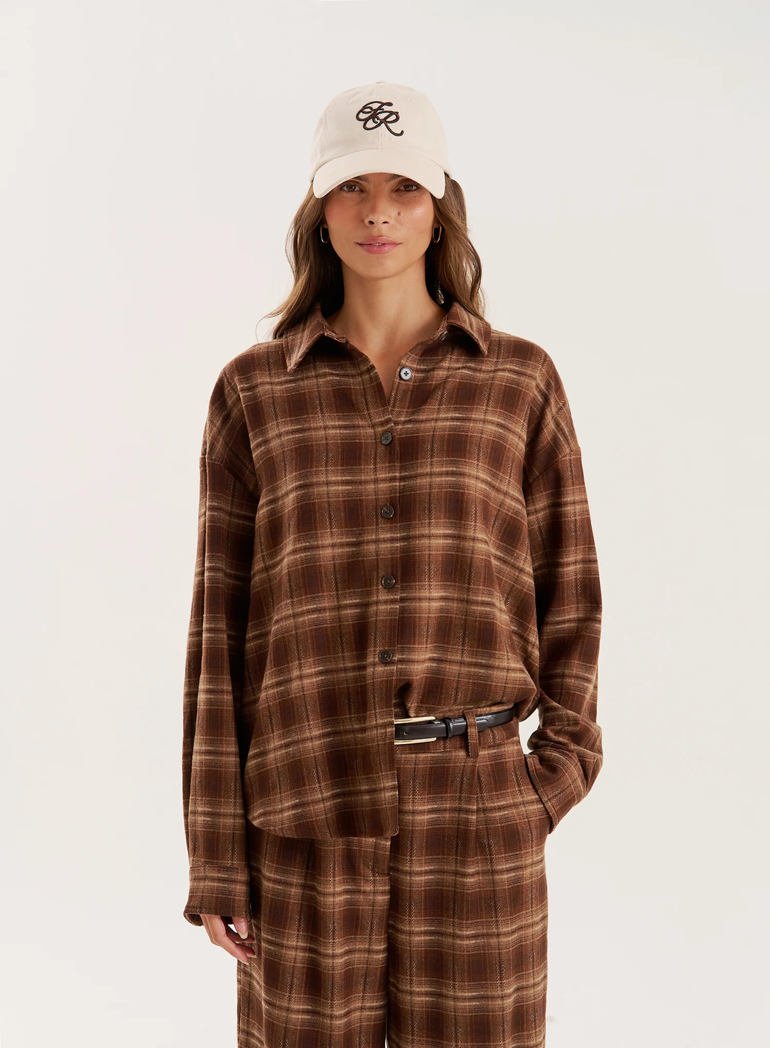 Brown Check Printed Oversized Shirt- Tove | 4th & Reckless