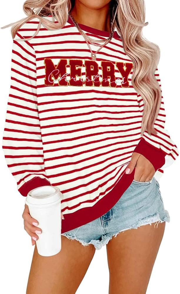 Christmas Sweatshirt for Women Merry Sweater Embroidered Striped Crewneck Sweatshirts Holiday Lon... | Amazon (US)