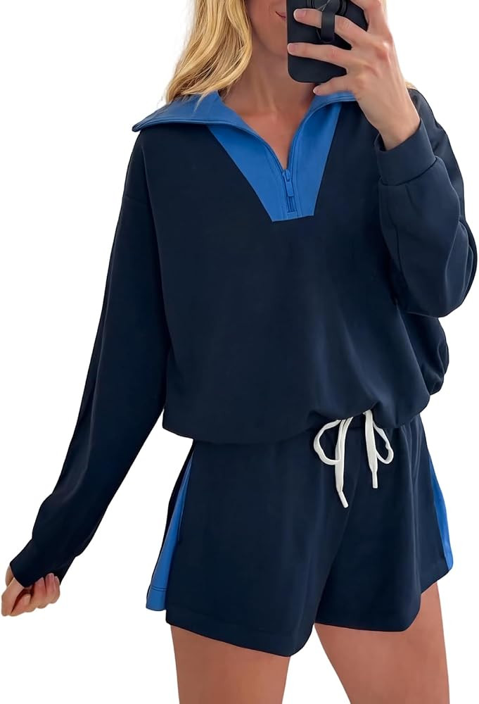 Women Zip Quarter Sweatsuits 2 Piece Outfits Shorts Sets | Amazon (US)