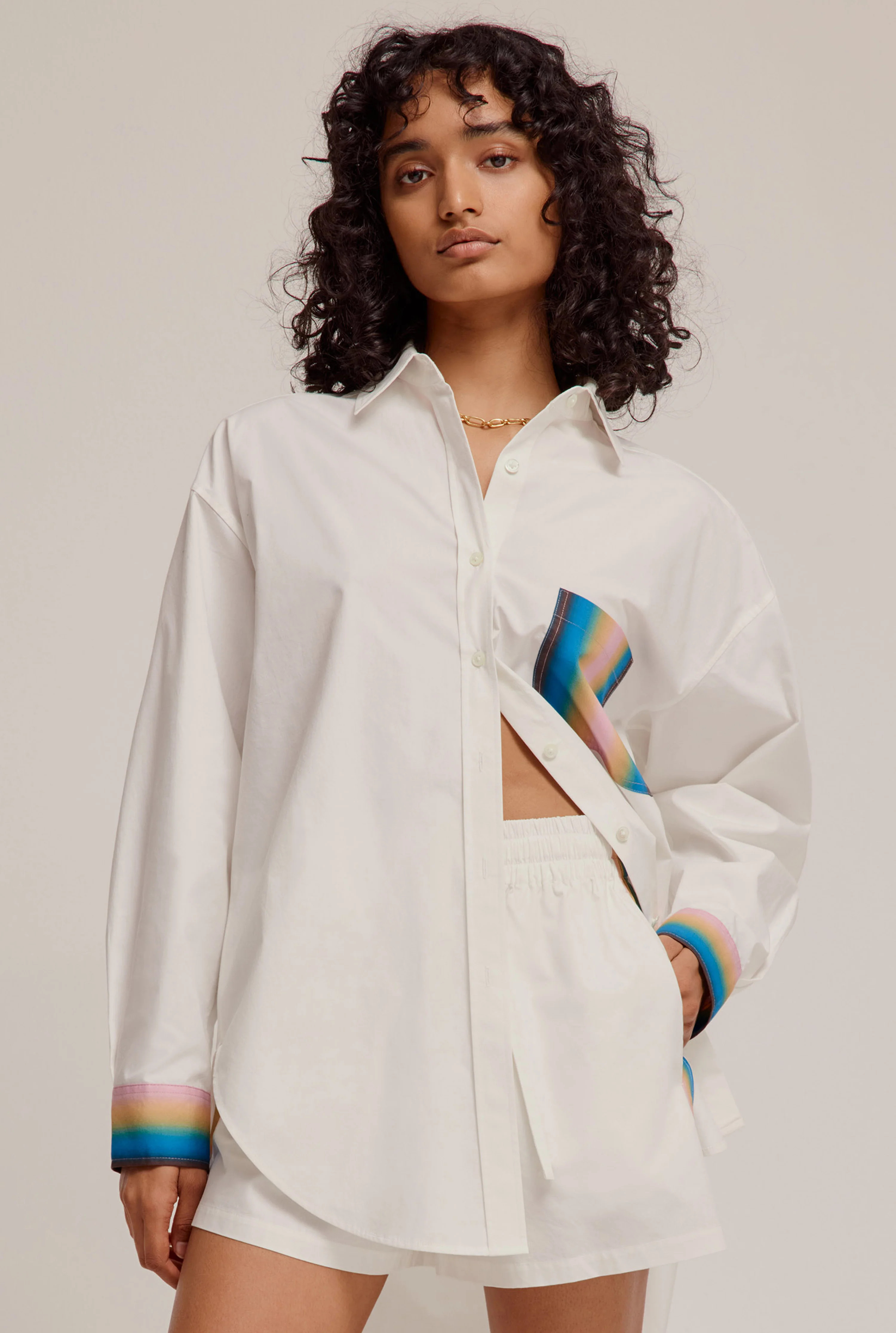 Oversized Longline Cotton Shirt in Off White/Dusk Gradient Stripe | Venroy | Premium Leisurewear ... | Venroy AU