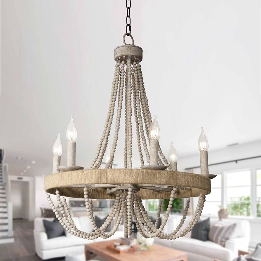 Farmhouse Chandelier for Dining Room 6-Light Wood Bead Rustic Ceiling Light | Amazon (US)