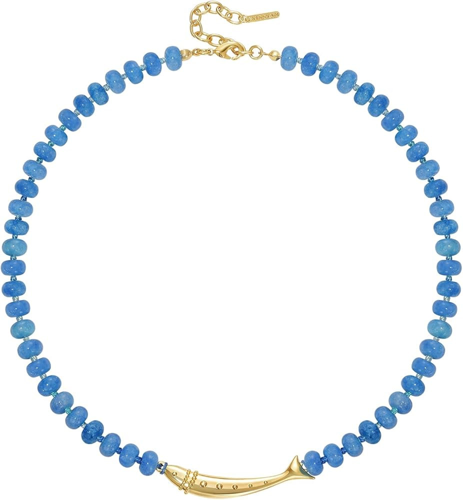 KissYan Beaded Gemstone Necklace for Women, 14K Gold Plated Fish Charm Blue Bead Choker, Natural ... | Amazon (US)