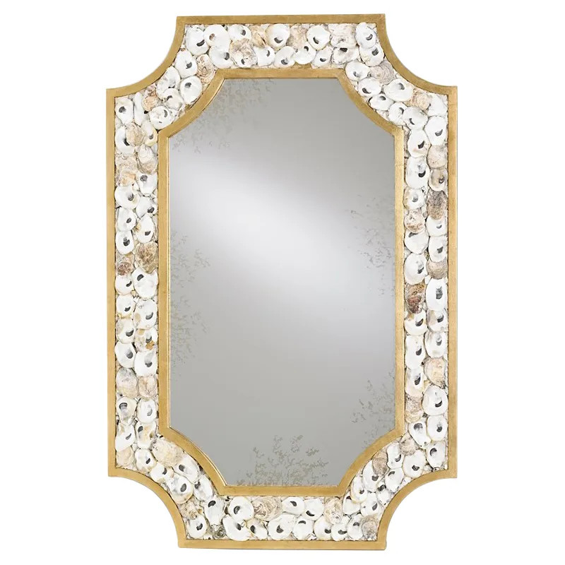 Gretel Coastal Beach Gold Iron Frame Natural Oyster Shell Wall Mirror | Kathy Kuo Home