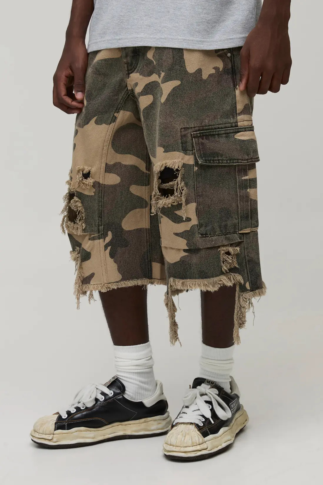 Camo Distressed Denim Jorts | BOOHOOMAN | boohooMAN (DE, IE & UK)