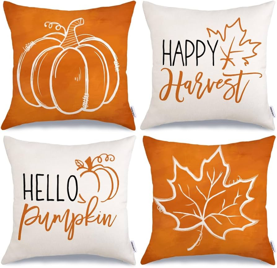 GEEORY Fall Pillow Covers 18x18 Set of 4 for Fall Decor Pumpkin Maple Leaves Happy Harvest Outdoo... | Amazon (US)