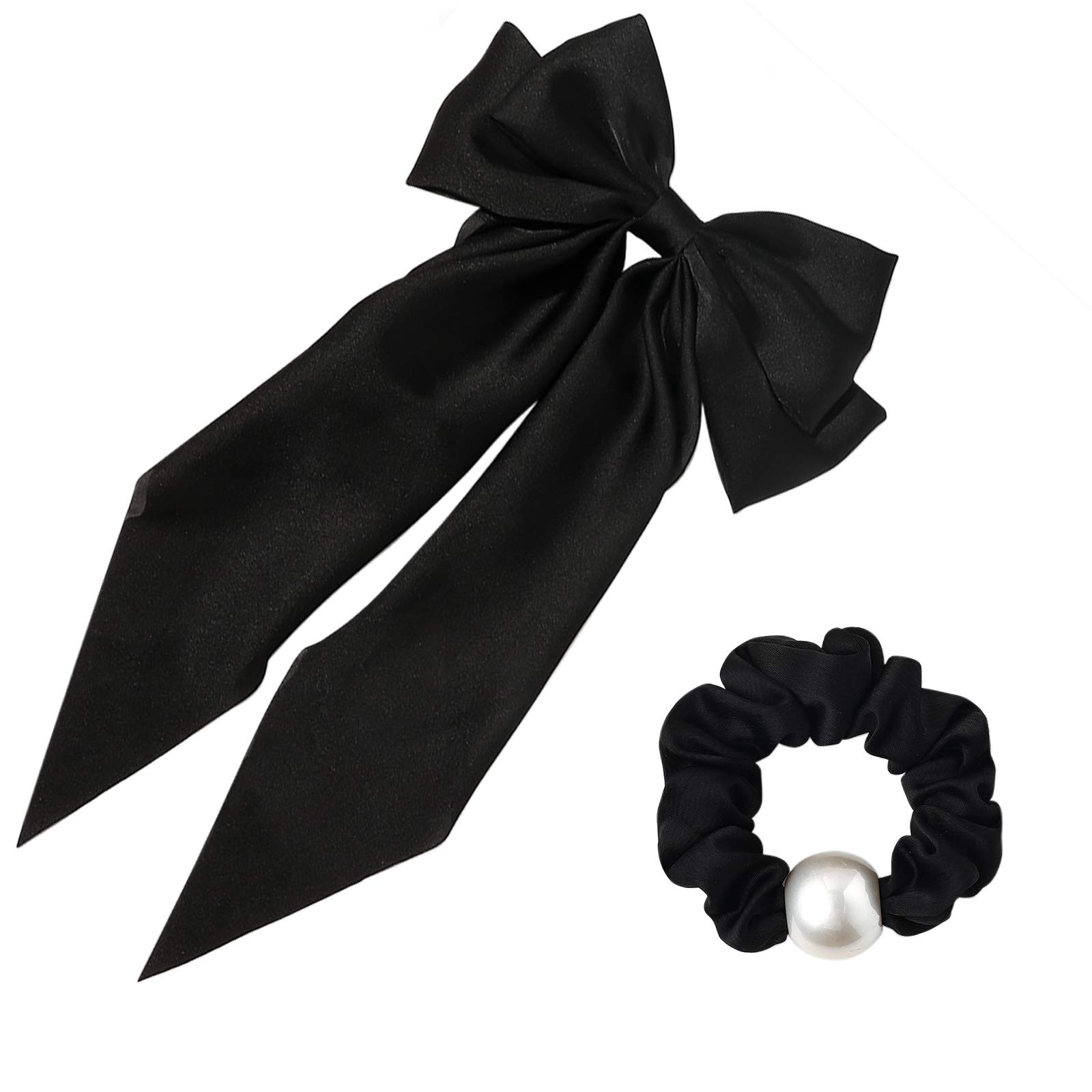 Long Bow Hair Clip Black 8 Inch Big Satin Solid Vintage Bowknot Women Girls Large Ribbon French Barr | Amazon (US)