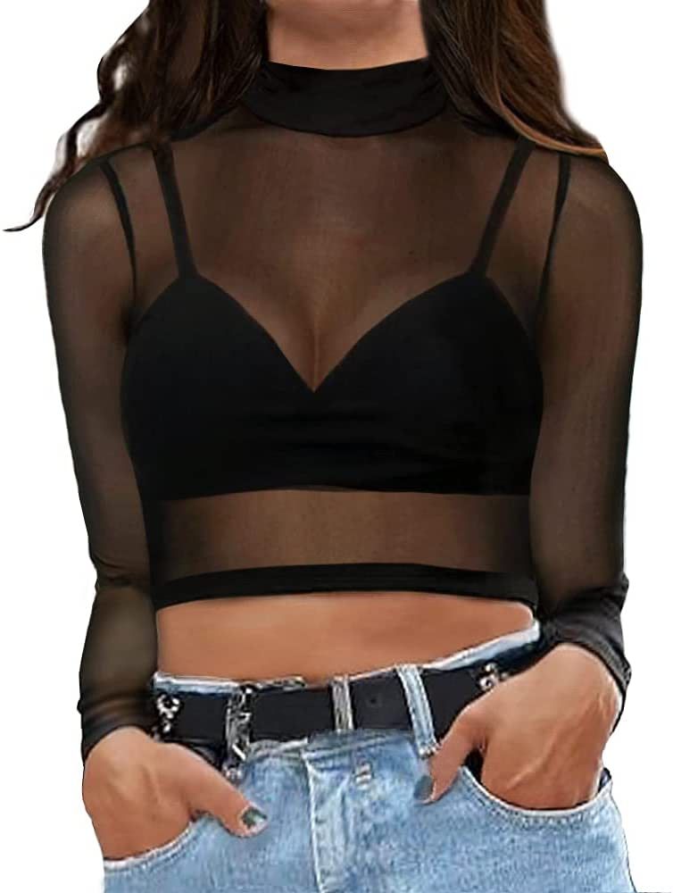MANGOPOP Women's Short Sleeve Long Sleeve Sheer Mesh Crop Tops Tee Shirt Blouse | Amazon (US)