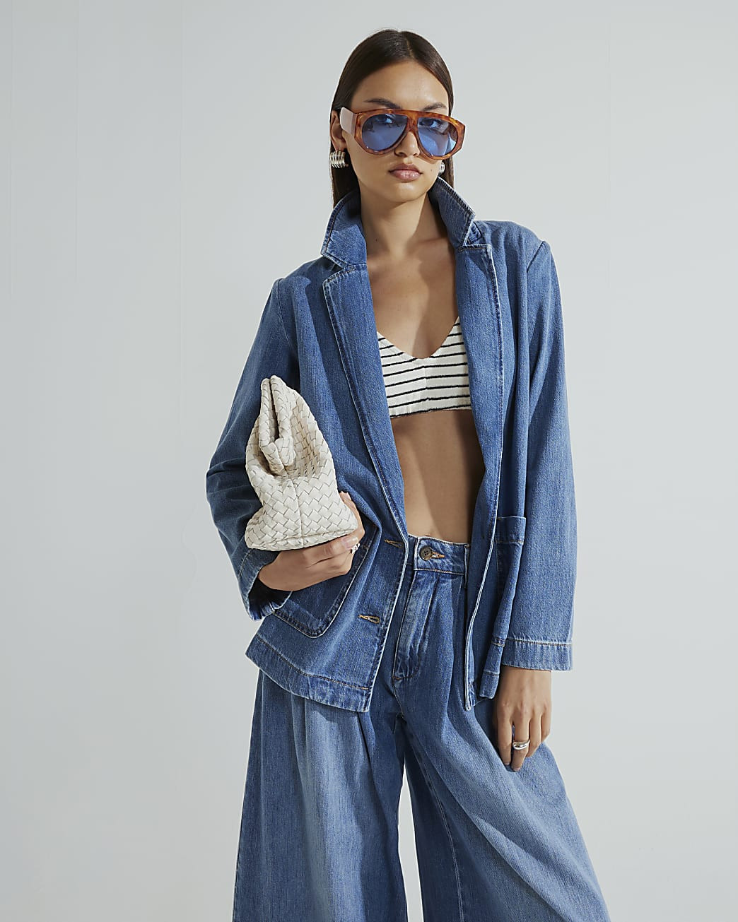 Blue Denim Long Sleeve Blazer | River Island UK & IE