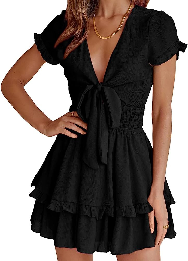 PRETTYGARDEN Women's 2023 Summer Swing Mini Dress Tie Front V Neck Short Sleeve Ruffle Layer A-Li... | Amazon (US)