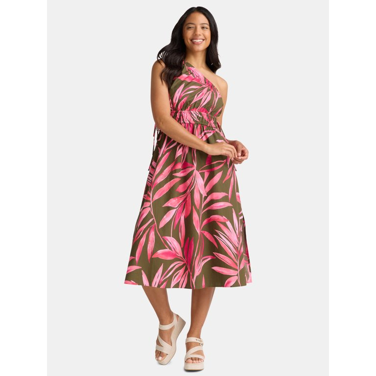 Time and Tru Women's One Shoulder Cotton Midi Dress, Sizes XS-XXXL | Walmart (US)