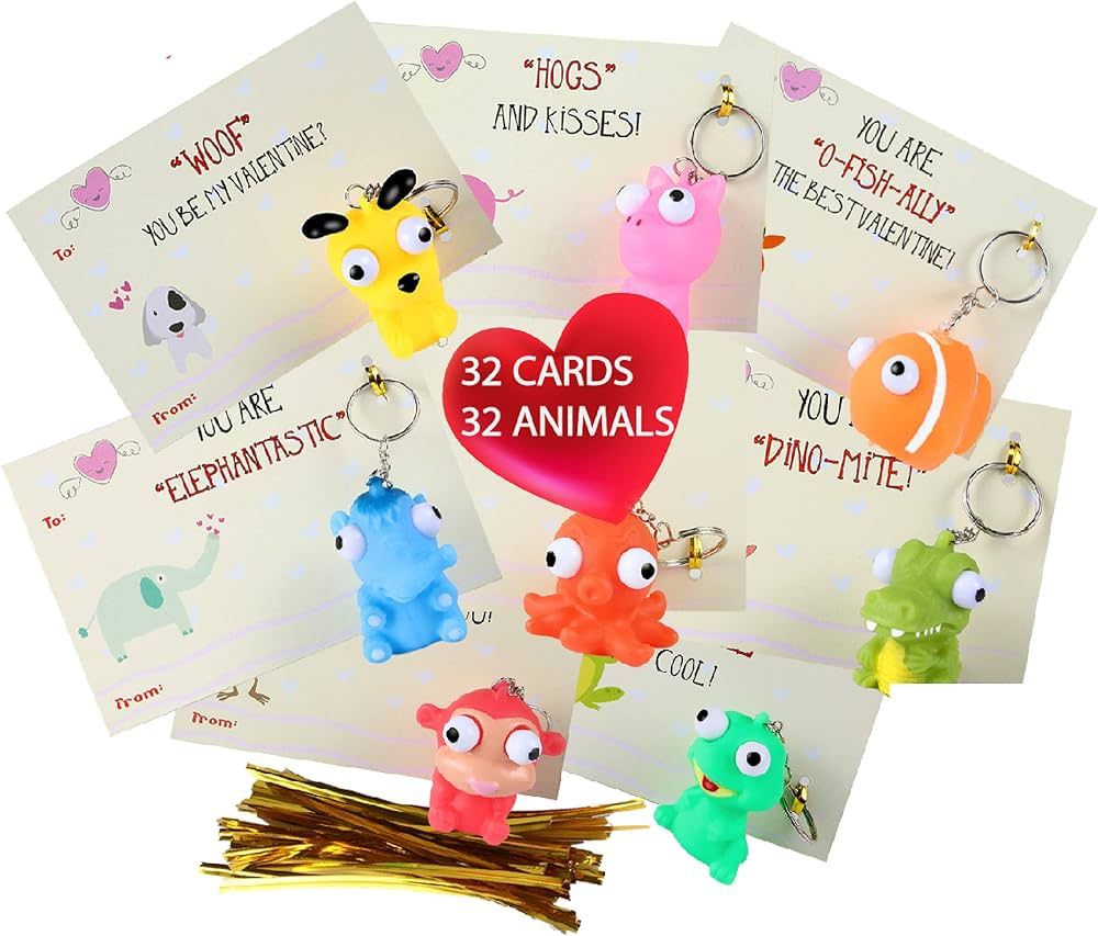 SAMRIKO Premium 32 Piece Valentines Day Card for Kids With Squeezable PopEye Animal Keychain Perf... | Amazon (US)