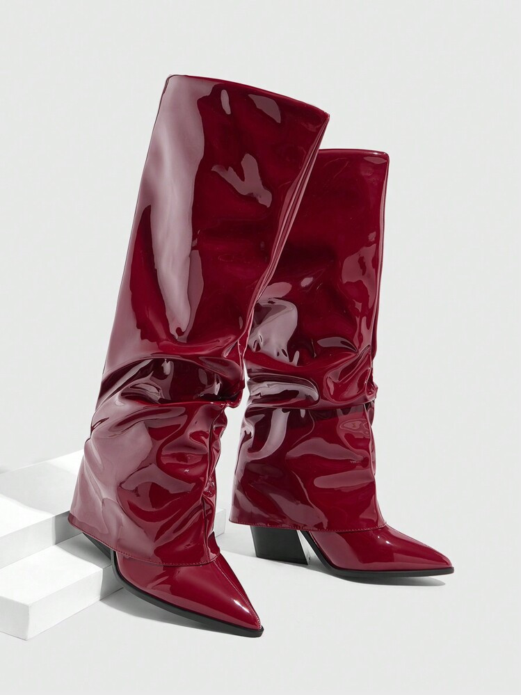 CUCCOO SZL Women's Side Zip Pointed Toe Ruched High Heel Ankle Boots Women's Shiny Red High Chunky Heel Party Boots For And Spring Shoes Spring Break Easter | SHEIN