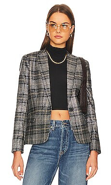 L'AGENCE Diana Skinny Lapel Blazer in Metallic Multi Plaid from Revolve.com | Revolve Clothing (Global)