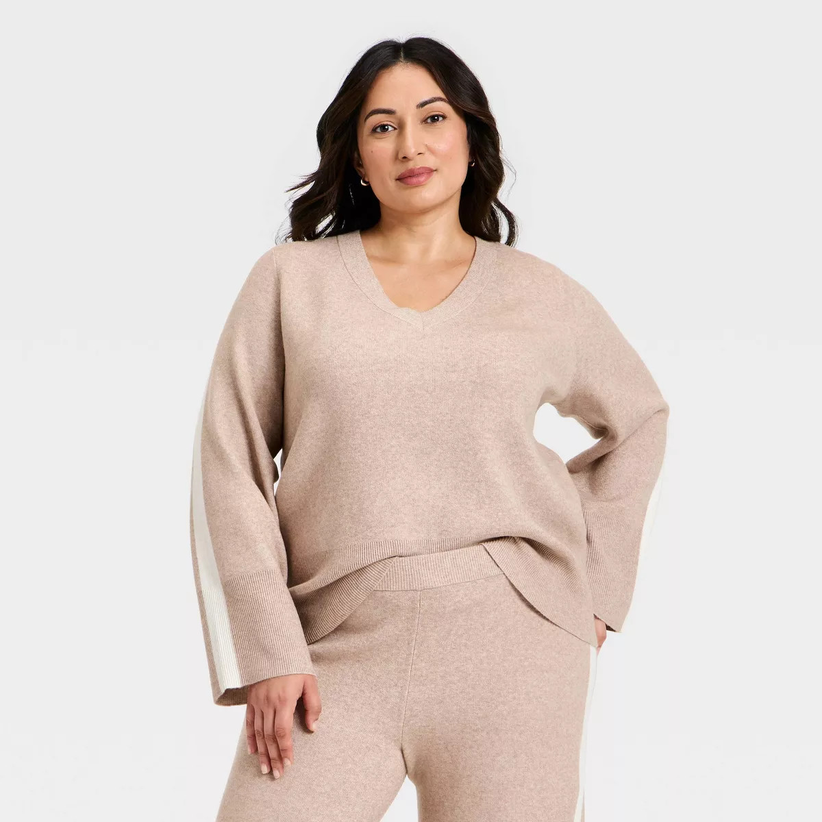 Women's V-Neck Knit Pullover Sweater - Ava & Viv™ Taupe | Target