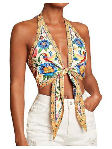 Floerns Women's Summer Floral Halter Tops Tie Front Backless Beach Vacation Crop Tops Khaki Medium | Amazon (US)