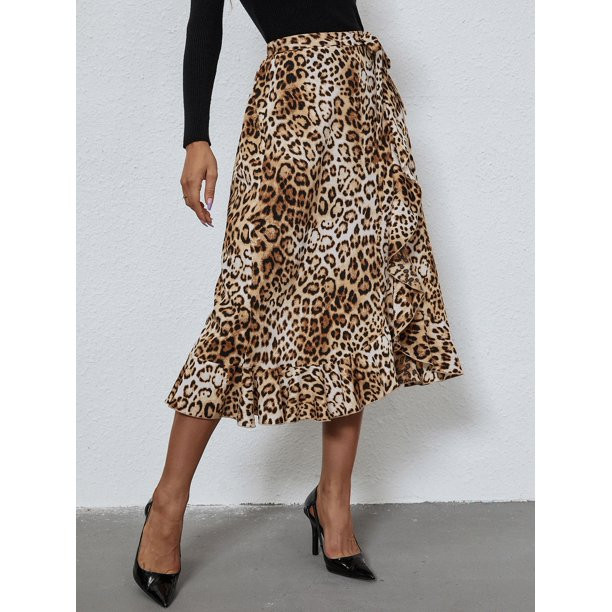 Women's Leopard Print Ruffle Trim Wrap Skirt 66313W22112 - Walmart.com | Walmart (US)