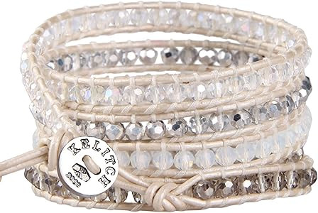KELITCH Crystal Gray Beaded 5 Wrap Bracelet On Lvory Leather Handmade Jewelry | Amazon (US)