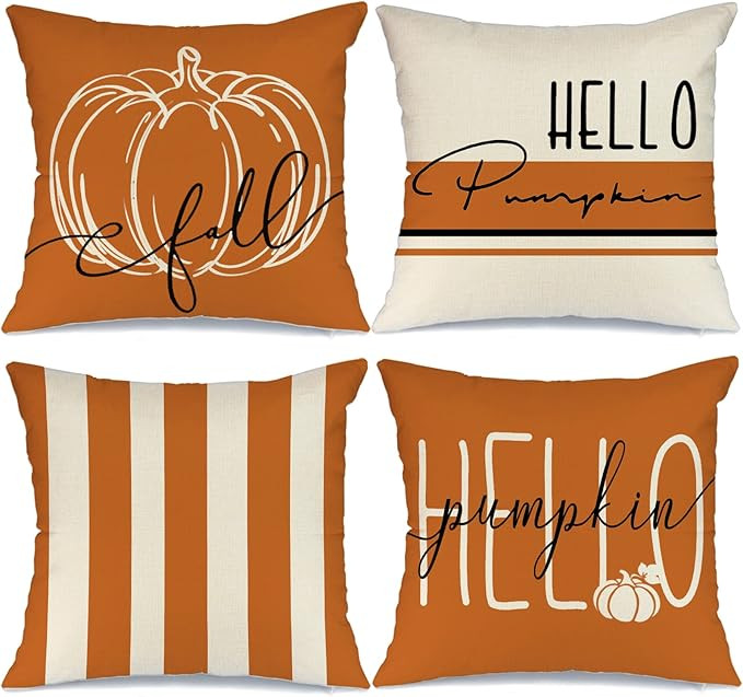 GEEORY Fall Decor Pillow Covers 18x18 Set of 4 Hello Pumpkin Orange Stripes Fall Outdoor Stripes ... | Amazon (US)