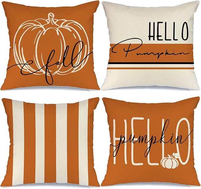 Fall Decor Pillow Covers 16x16 Set of 4 Hello Pumpkin Orange Stripes Fall Outdoor Stripes Fall Pi... | Amazon (US)