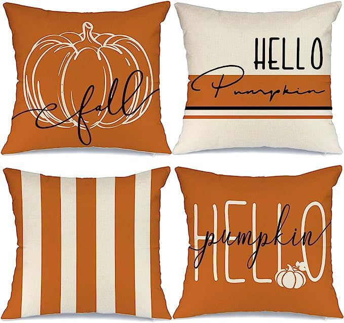 GEEORY Fall Decor Pillow Covers 18x18 Set of 4 Hello Pumpkin Orange Stripes Fall Outdoor Stripes ... | Amazon (US)