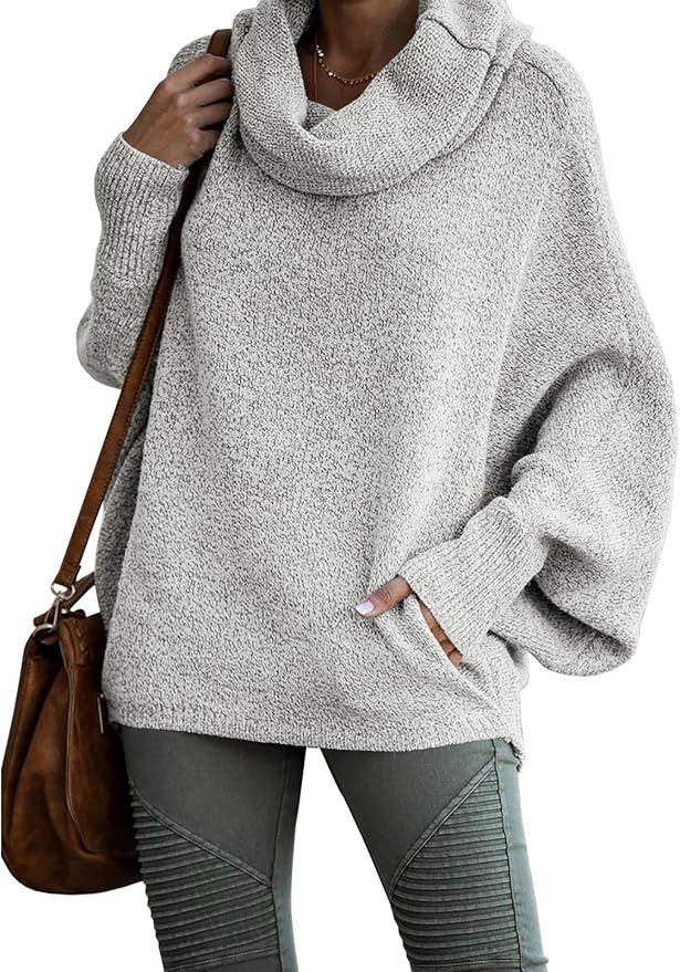 Womens Cowl Neck Pullover Sweaters with Pockets Lantern Long Sleeve Knit Casual Loose Bat Tunic J... | Amazon (US)