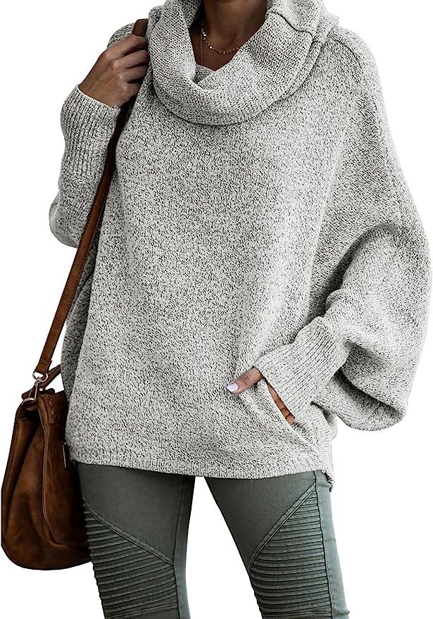 Womens Cowl Neck Pullover Sweaters with Pockets Lantern Long Sleeve Knit Casual Loose Bat Tunic J... | Amazon (US)