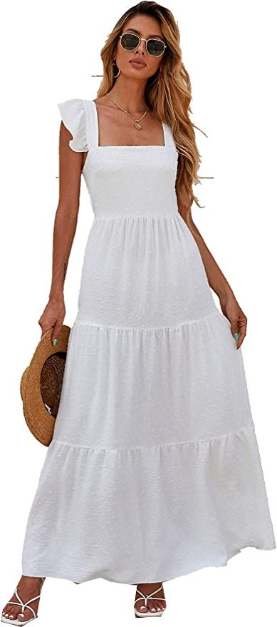 Floerns Women's Square Neck Ruffle Sleeve Backless Tie Back A Line Maxi Dress | Amazon (US)