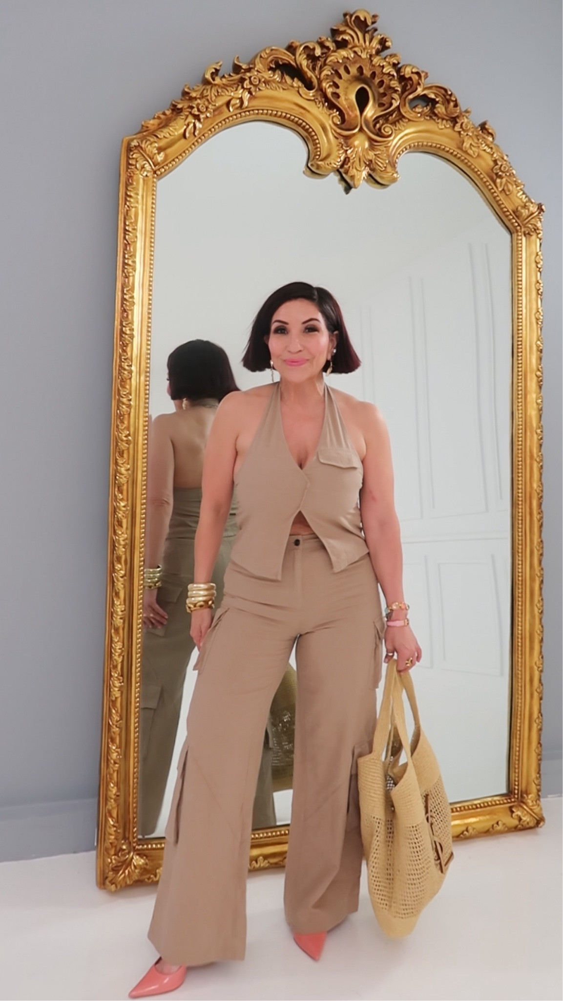 2 Piece Set 
Vest 
Cargo pants 
YSL Raffia Tote
Pointed Heels 
Gold Jewelry 

#LTKOver40 #LTKBeauty #LTKStyleTip