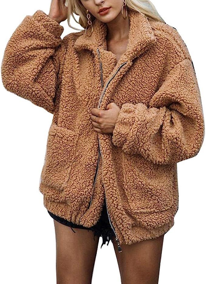 Comeon Women's Faux Fur Jacket Shaggy Jacket Winter Fleece Coat Outwear Shaggy Shearling Jacket | Amazon (US)