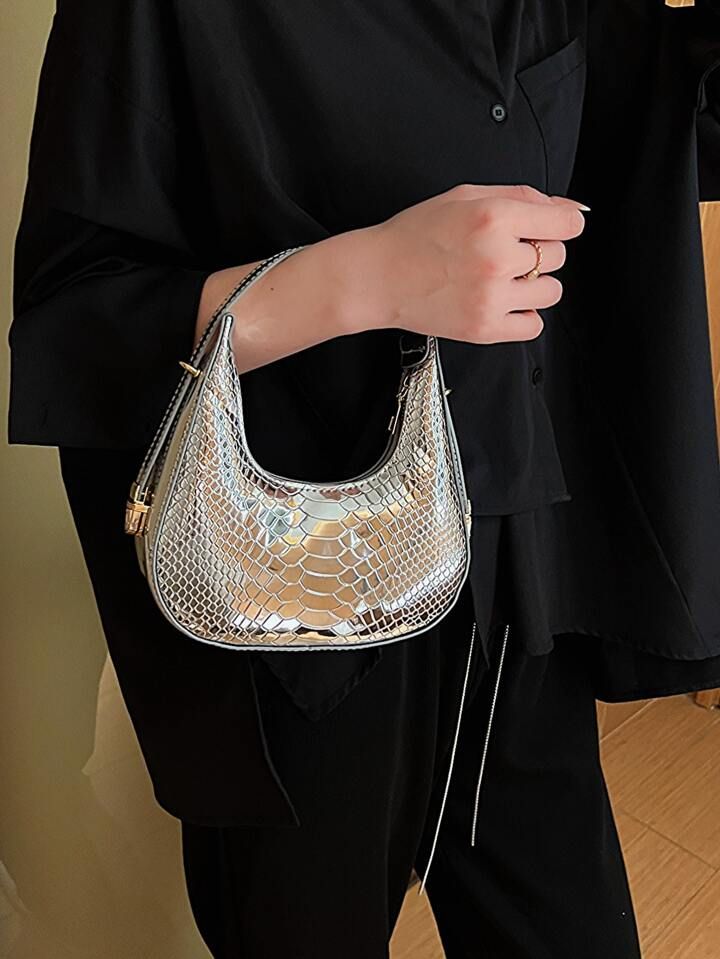 Mini Hobo Bag Snakeskin Embossed Metallic PU Funky For Daily Life | SHEIN