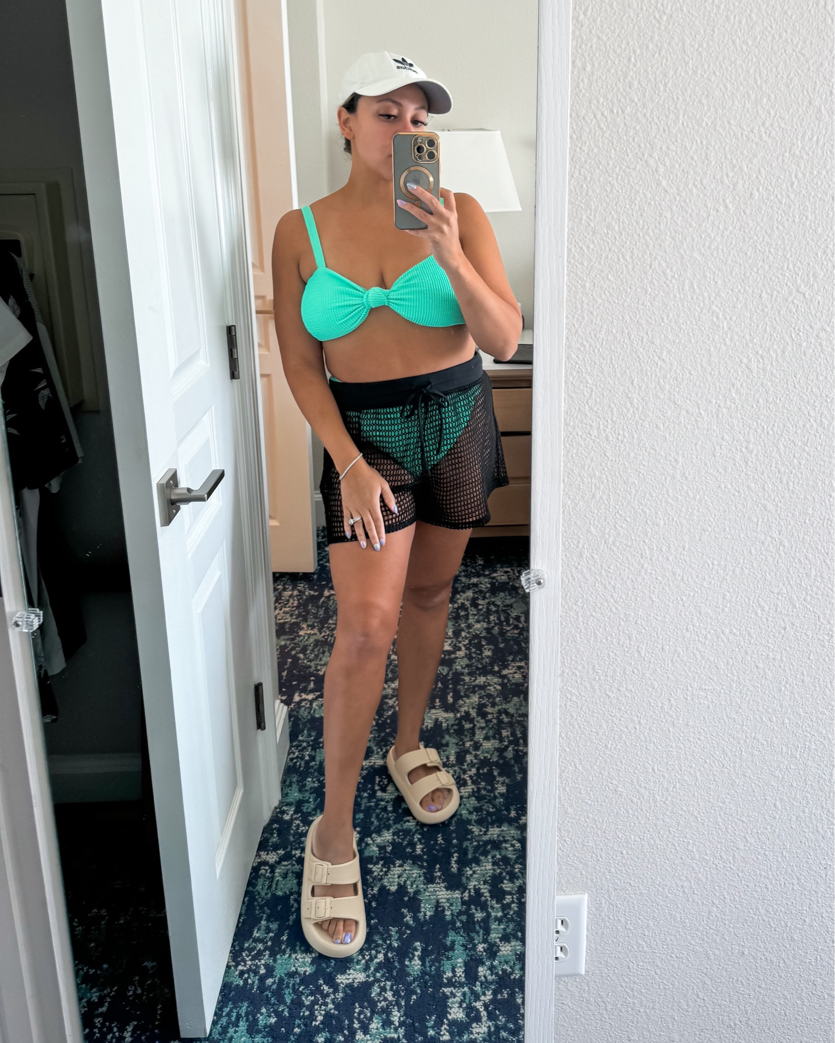 Swimsuit. Cover up shorts. Sandal slides. Sandals. High waisted swimsuit. Beach vacation outfit. Vacay look. 

#LTKTravel #LTKFindsUnder100 #LTKSwim