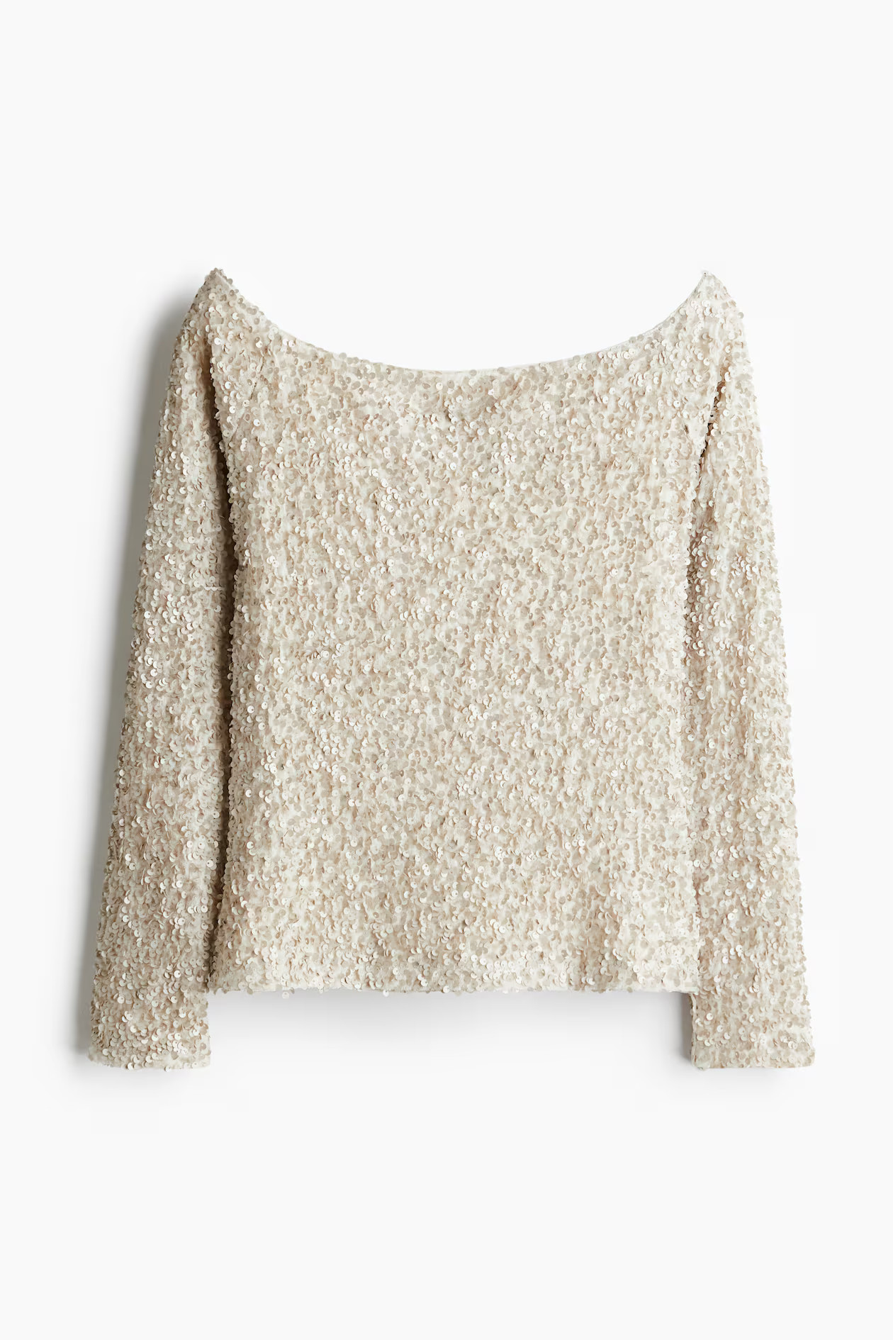 Schulterfreies Paillettenshirt - Langarm - Normale Länge - Hellbeige - Ladies | H&M AT | H&M (DE, AT, CH, NL, FI)