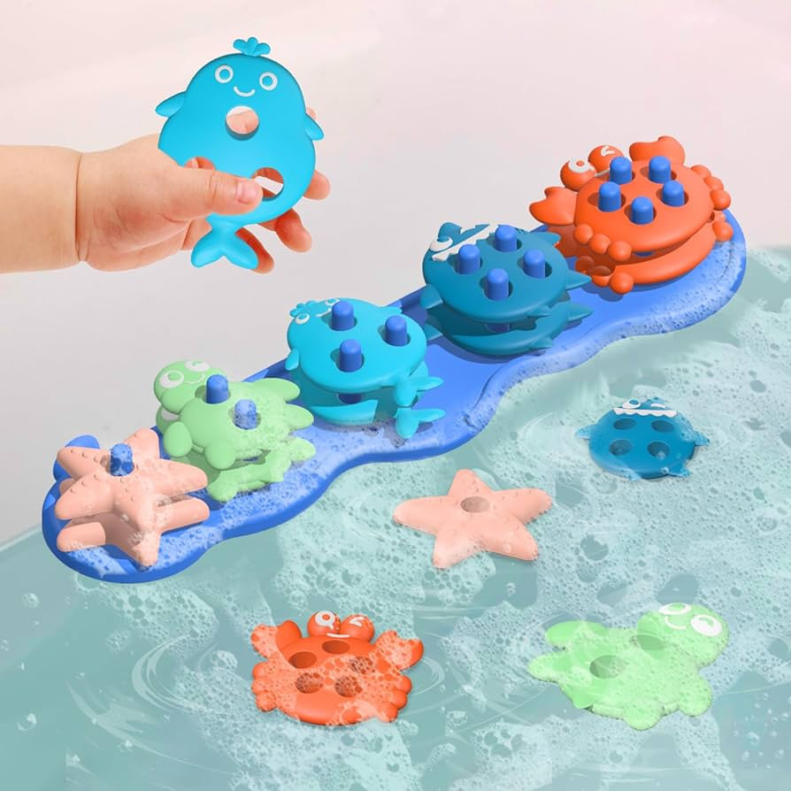 Baby Bath Toys, Premium Silicone Mold Free Ocean Animal Shape Sorting & Stacking Toddlers Bath To... | Amazon (US)