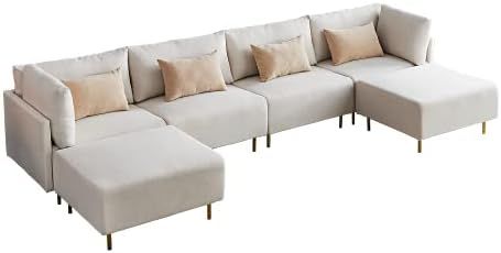 143'' Linen U-Shaped Sectional Sofa with 2 Removeable Ottoman and 4 Pillows | Amazon (US)