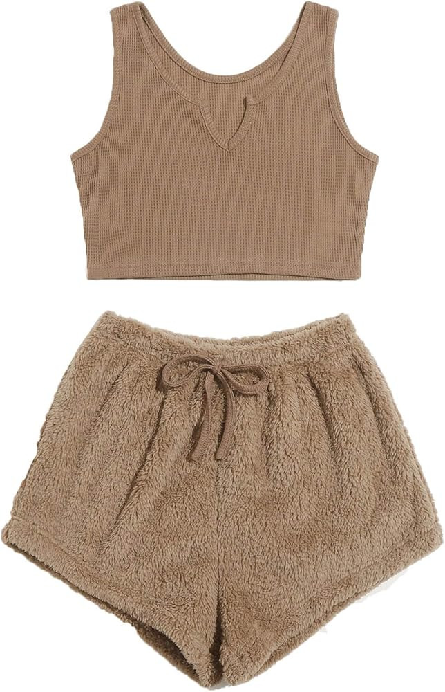 Women's 2PCS Pajama Crop Tank Top Tie Waist Fluffy Teddy Shorts Lounge Set | Amazon (US)